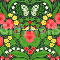 The Dollhouse garden, pansies, birds and butterflies wallpaper presents bold flora.