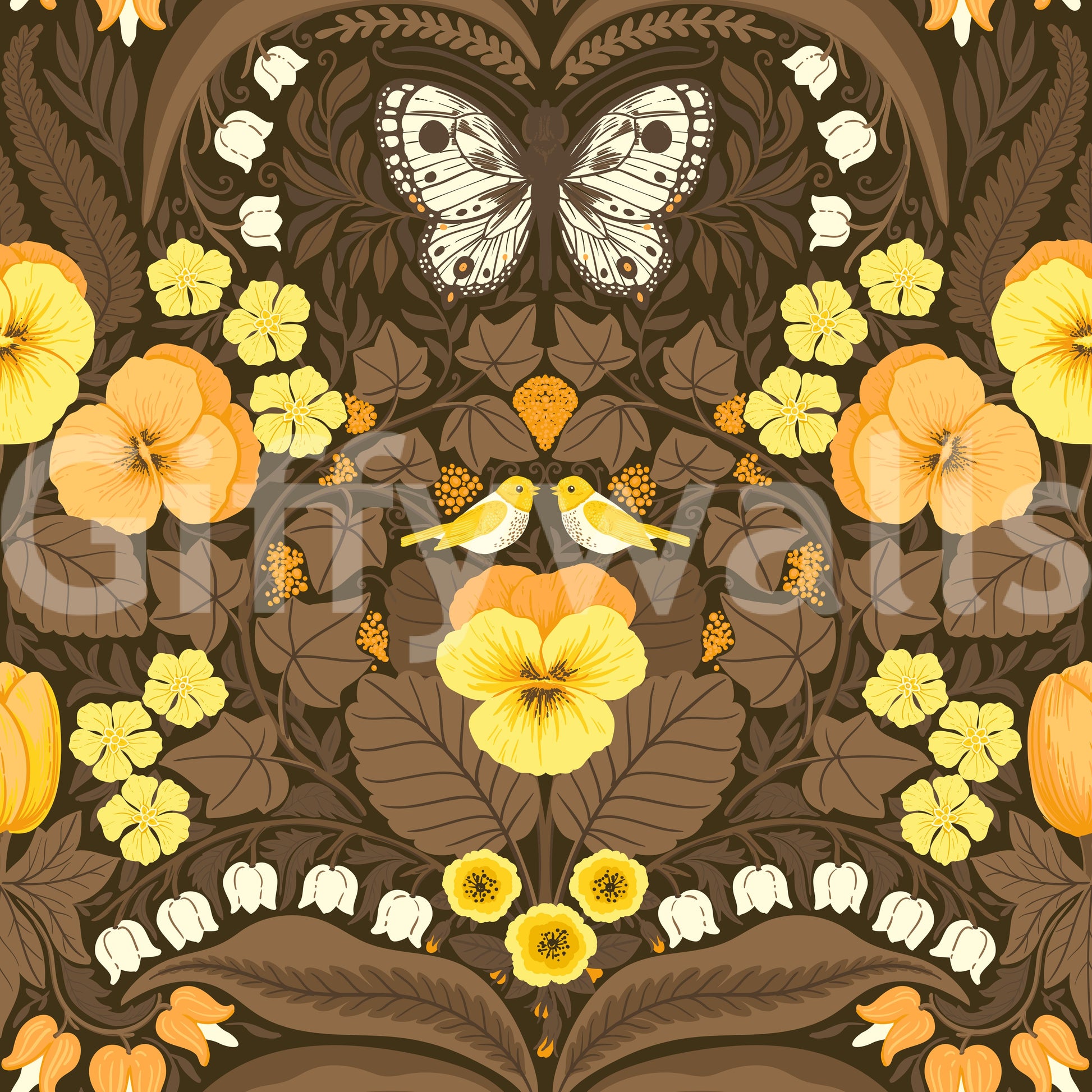 Small yellow birds rest within the foliage of this Dollhouse garden wallpaper.