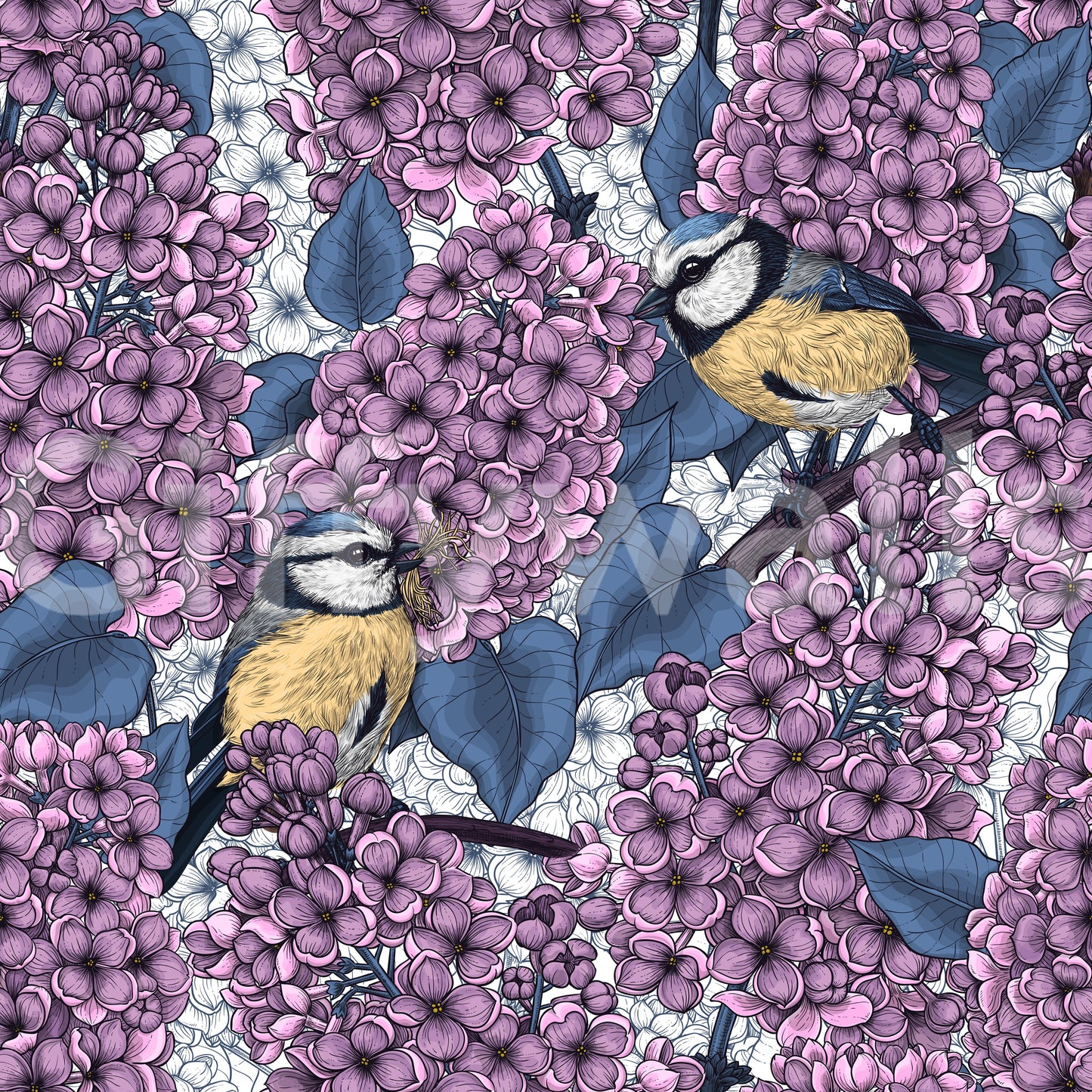 Deep violet foliage accents pop against the backdrop of this floral wallpaper.