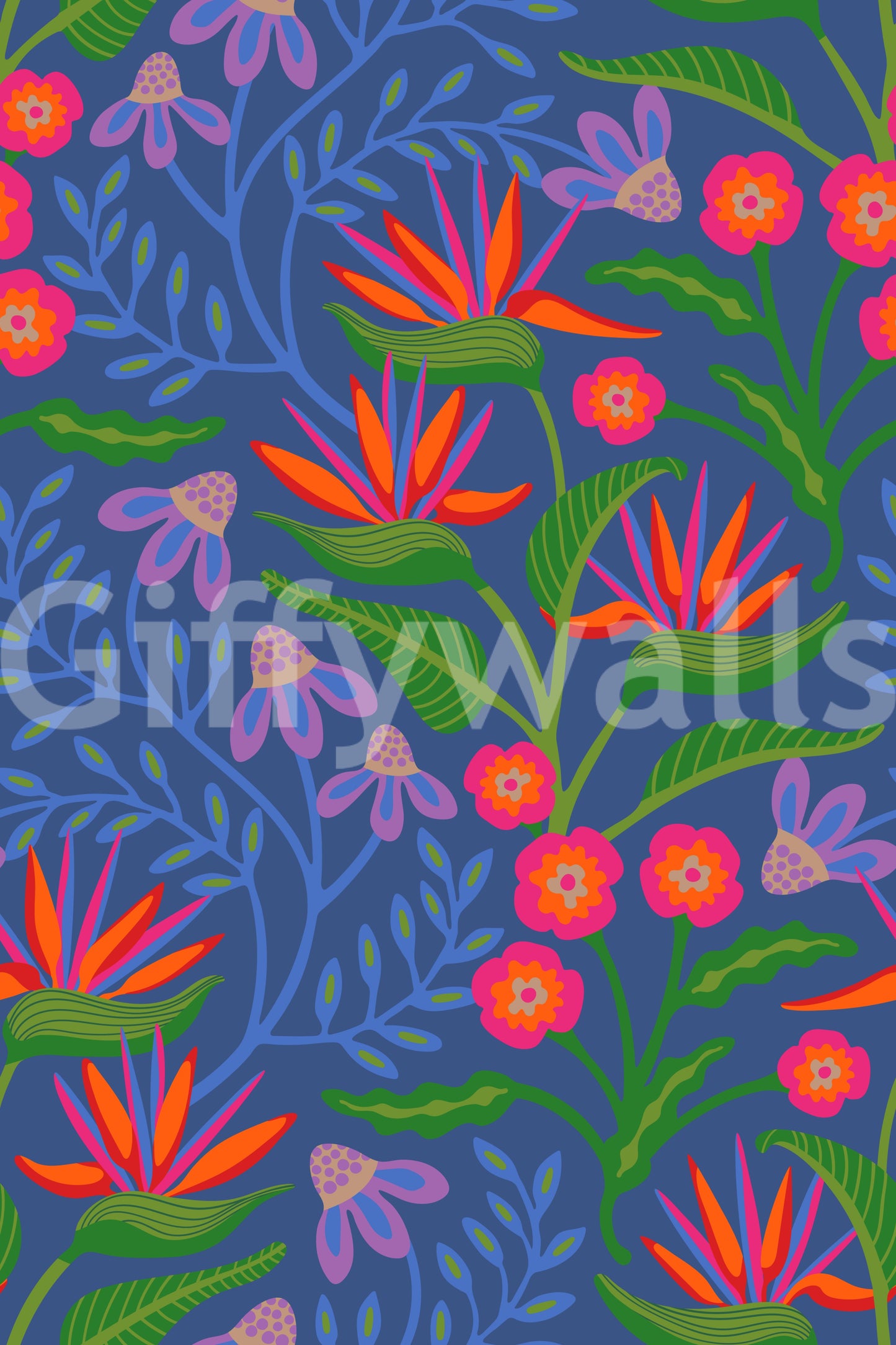 Tropisk Tangle Blomster Paradisfugl Fuchsia Pink Blå Tapet⁠