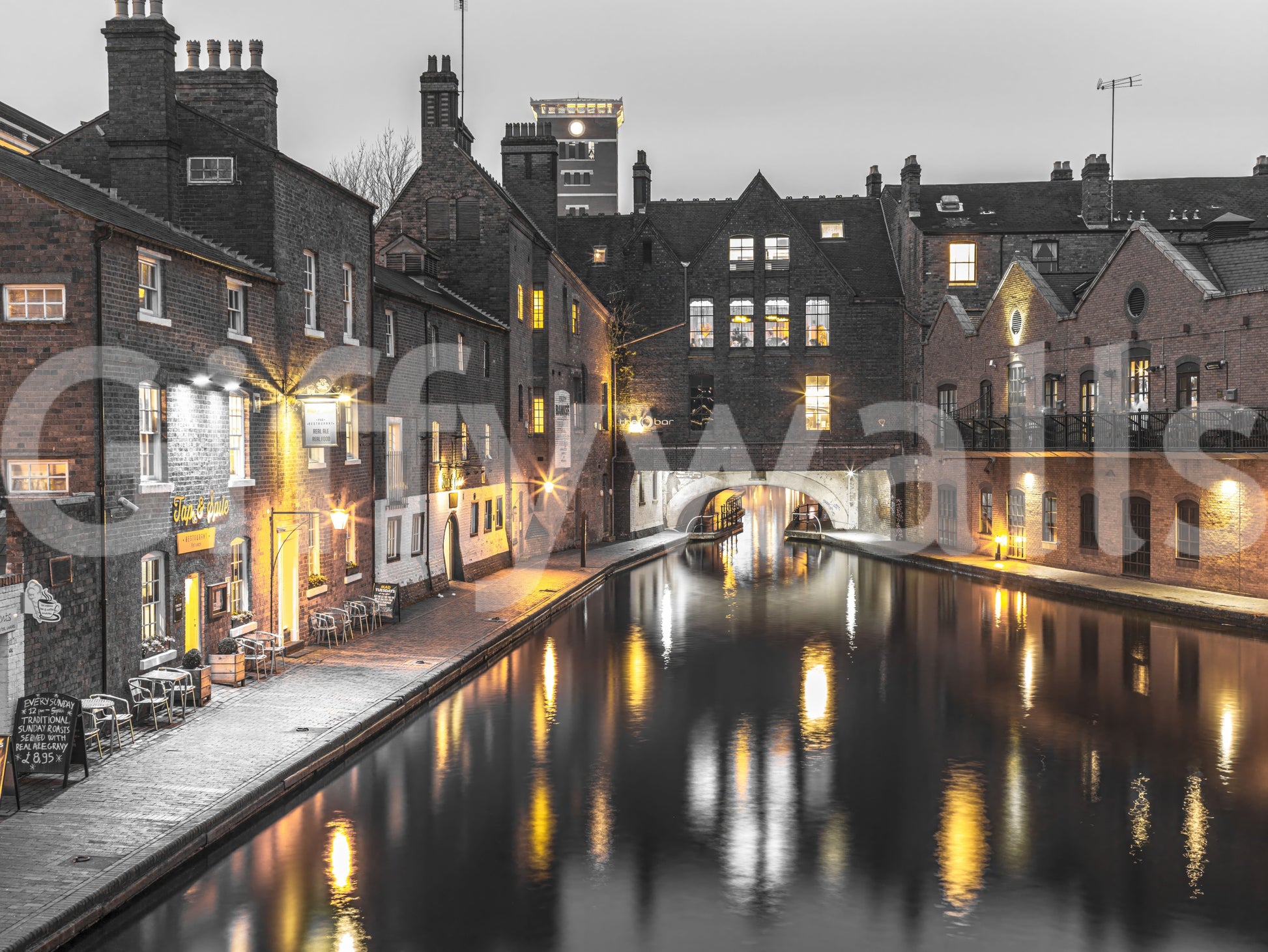 Cinematic dusk feel runs through the whole Canal Twilight wall mural
