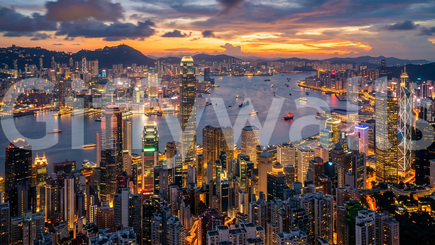 Panou mural cu peisajul orașului Hong Kong la amurg