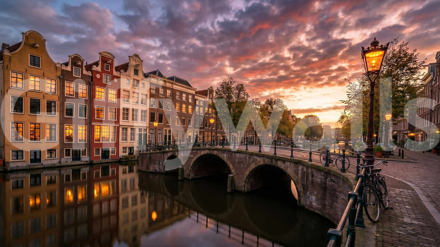 Historic brick facades border the waterway in the Golden Hour Amsterdam Canal wall mural.