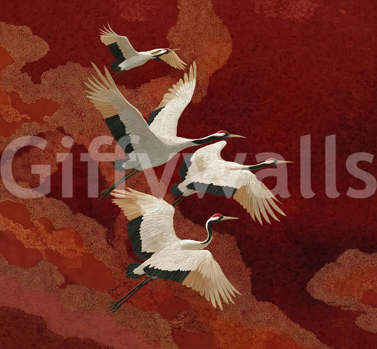 Crimson crane mural showing black, ivory, and rust tones with fine detail