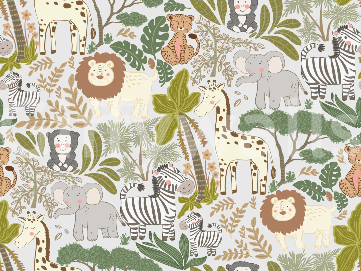 Children’s wallpaper featuring Safari Pals wildlife and leafy branches