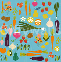Retro produce wallpaper with beets, citrus rounds, and leafy details
