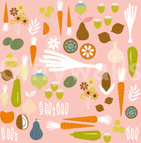 Kitchen Wallpaper with food illustrations and soft pink vintage detail