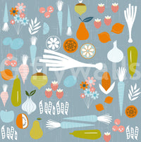 Mid Century Veggie Wallpaper with pastel details and fresh food motifs