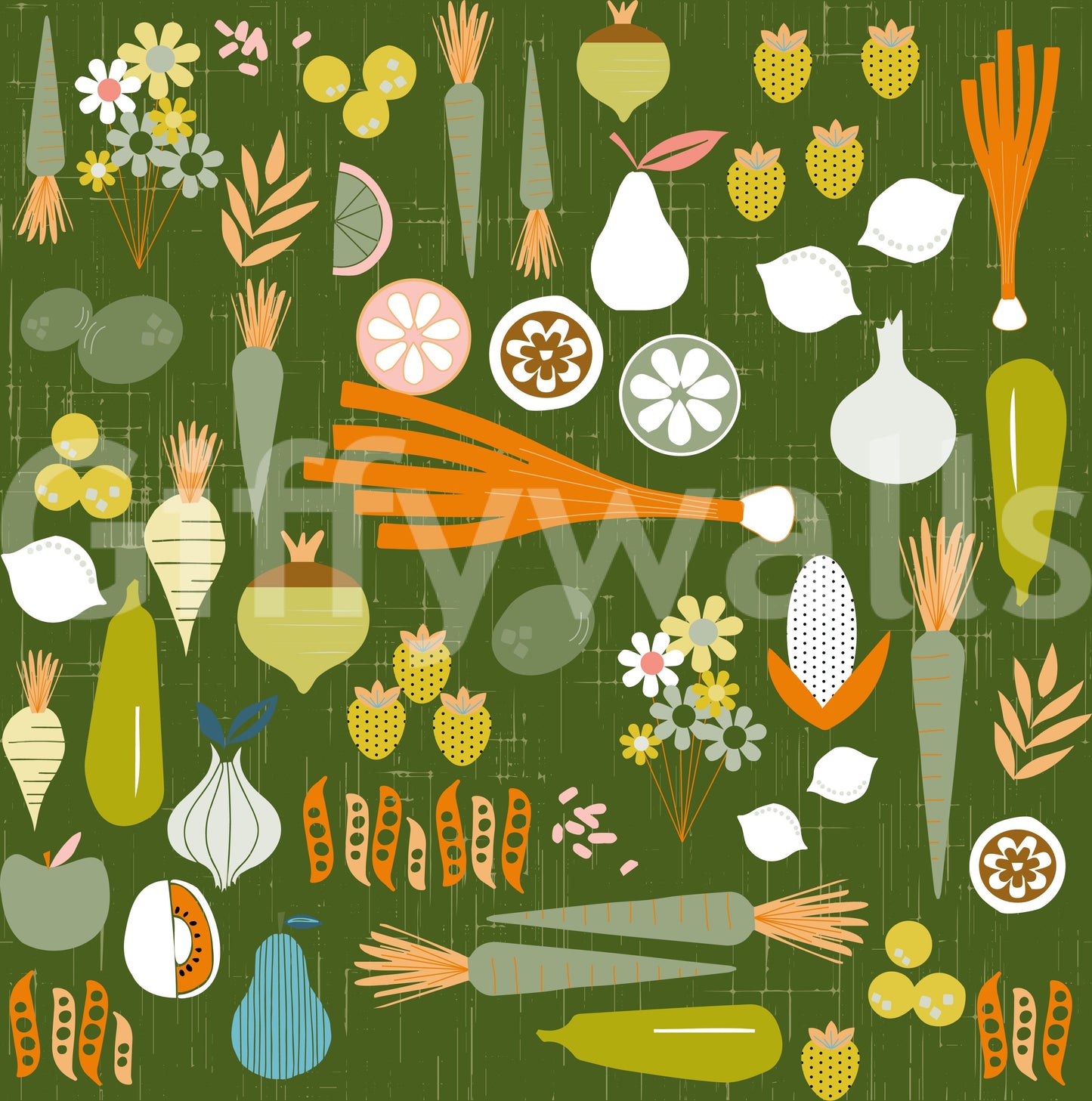 Olive kitchen wallpaper with fruity accents and retro market-style drawings