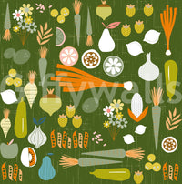 Olive kitchen wallpaper with fruity accents and retro market-style drawings