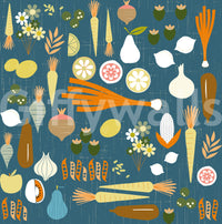 Retro Kitchen Wallpaper with teal base and cheerful illustrated produce