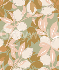 Sage botanical wallpaper using lemon motifs and gentle neutral detailing