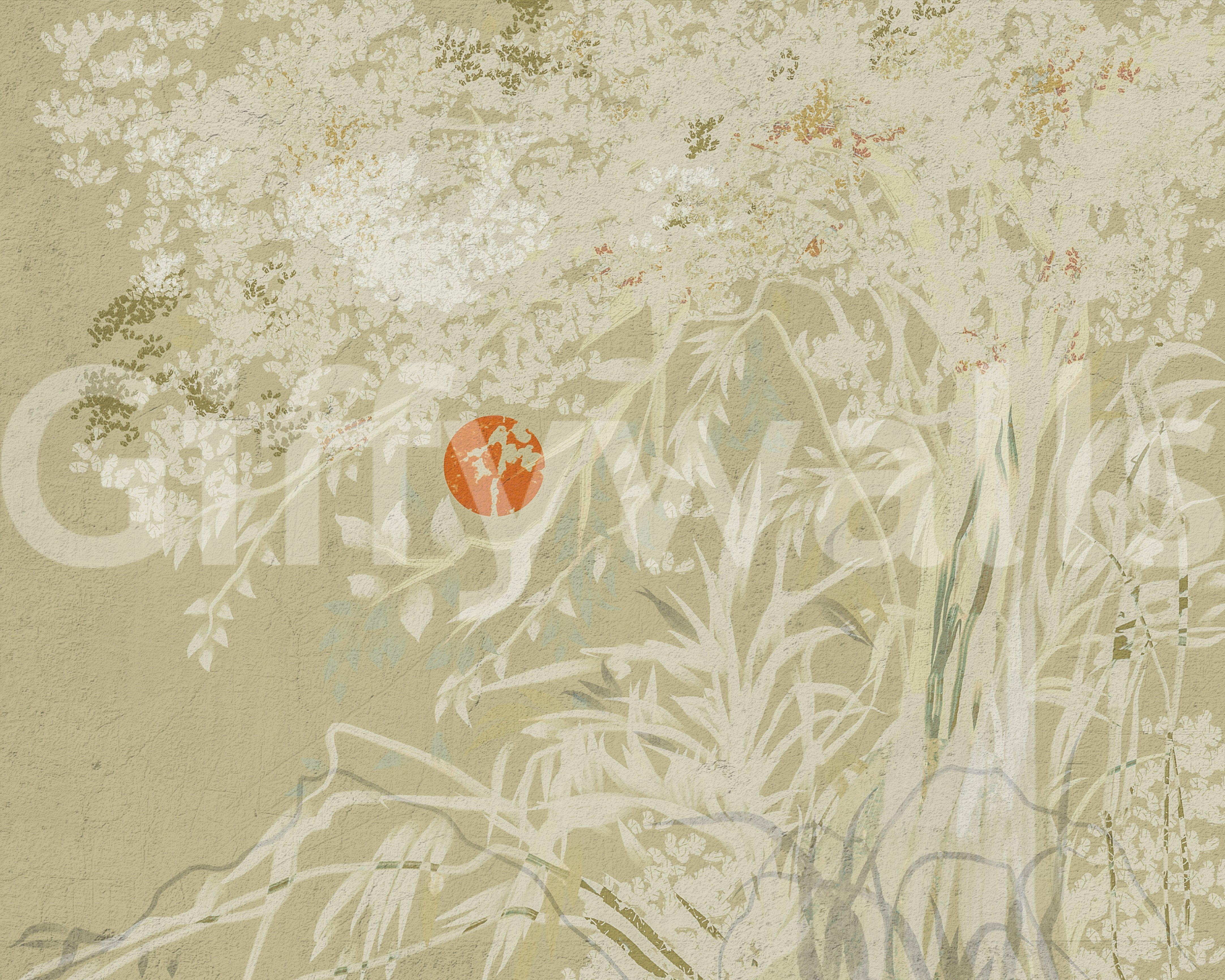 Zen Japanese Botanical Sunrise Wall Mural | Japandi Scene