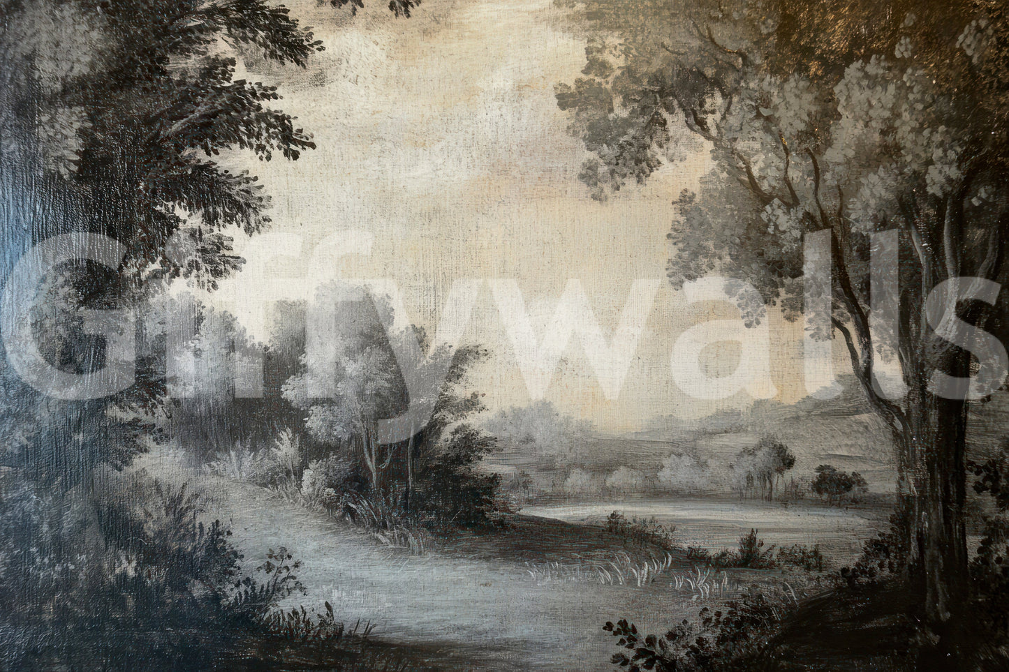 Monochrome Lakeside Vista mural with aged texture and tree-framed scenery