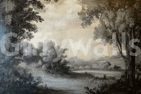 Monochrome Lakeside Vista mural with aged texture and tree-framed scenery