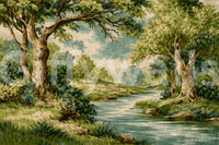 Woodland River Bend artwork with shaded trees and peaceful water movement