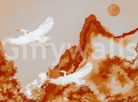 Scenic wall mural with white cranes, warm earth tones, and gentle horizon depth