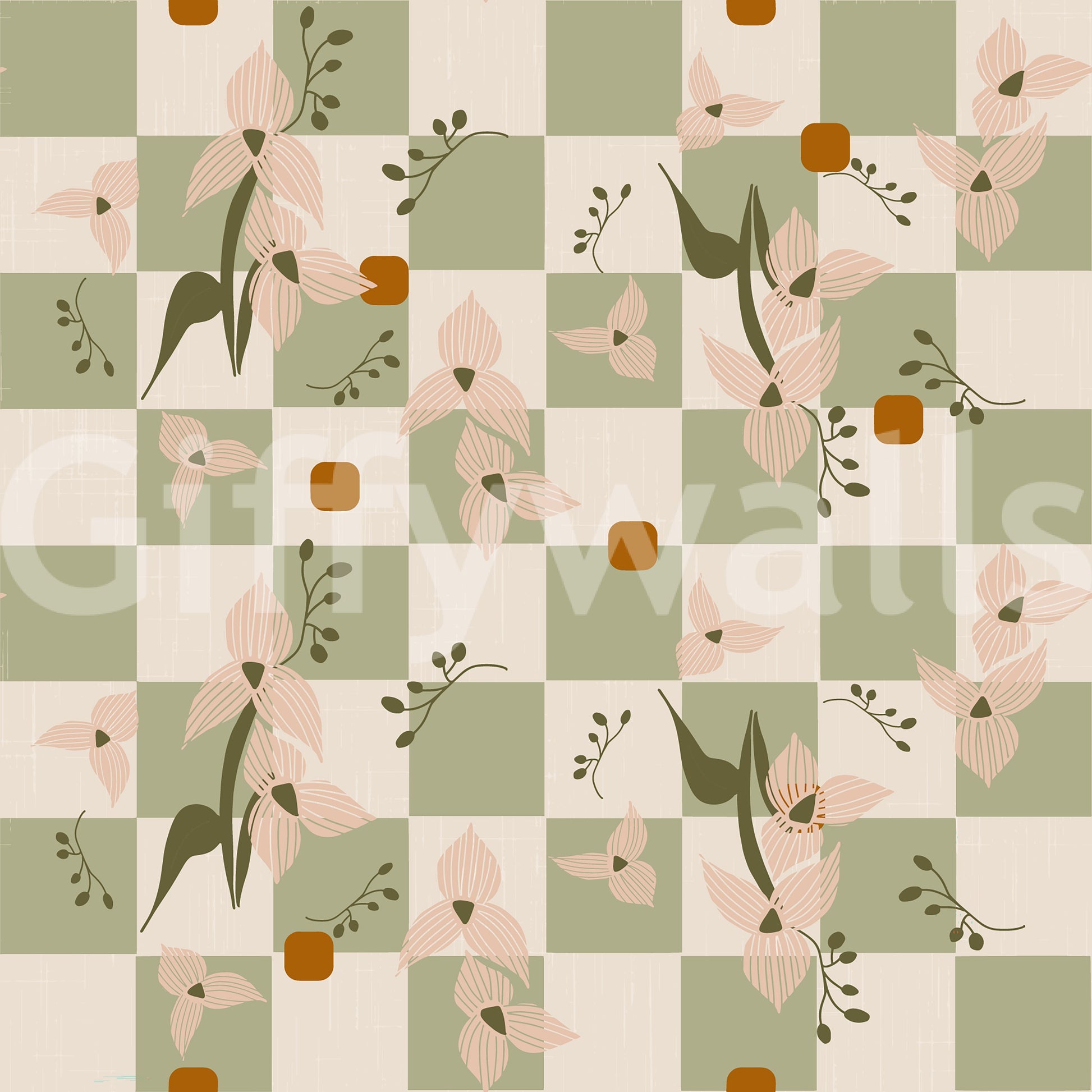 Pattern wallpaper with floral forms, sage panels, and vintage-inspired rhythm