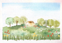 Nature wall mural with watercolor trees, grass, flowers, and blue sky