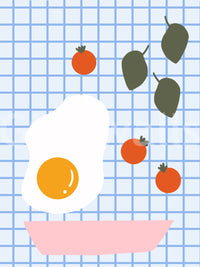 Full view of the Brunch wall mural showing egg, tomato, and basil motifs