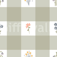 Blue grey florets and golden blooms on the Gingham Floral wallpaper