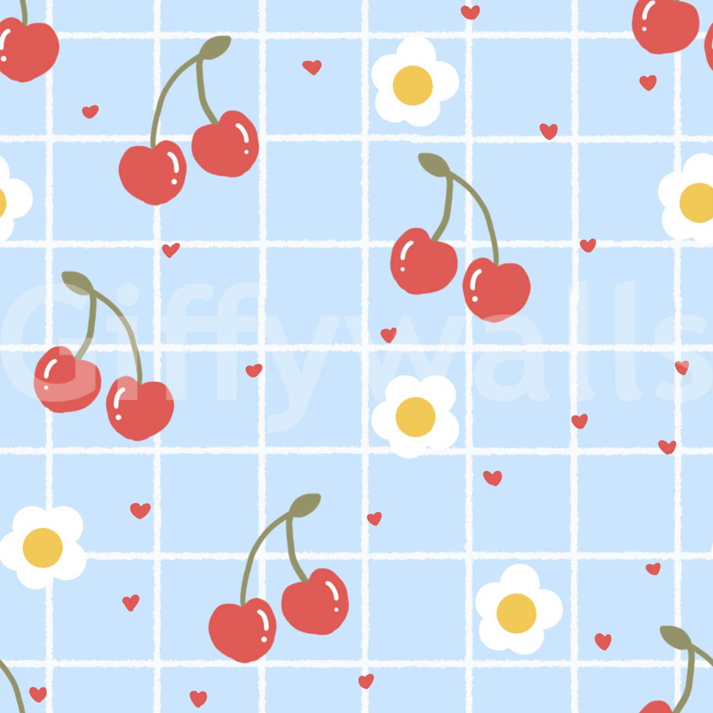 Golden centred flowers between red cherries on this retro wallpaper