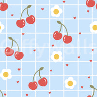 Golden centred flowers between red cherries on this retro wallpaper