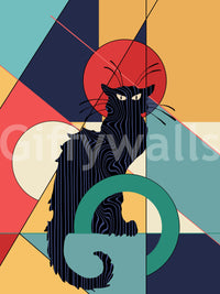 Flat geometric planes and a dark feline define the Black Cat wall mural