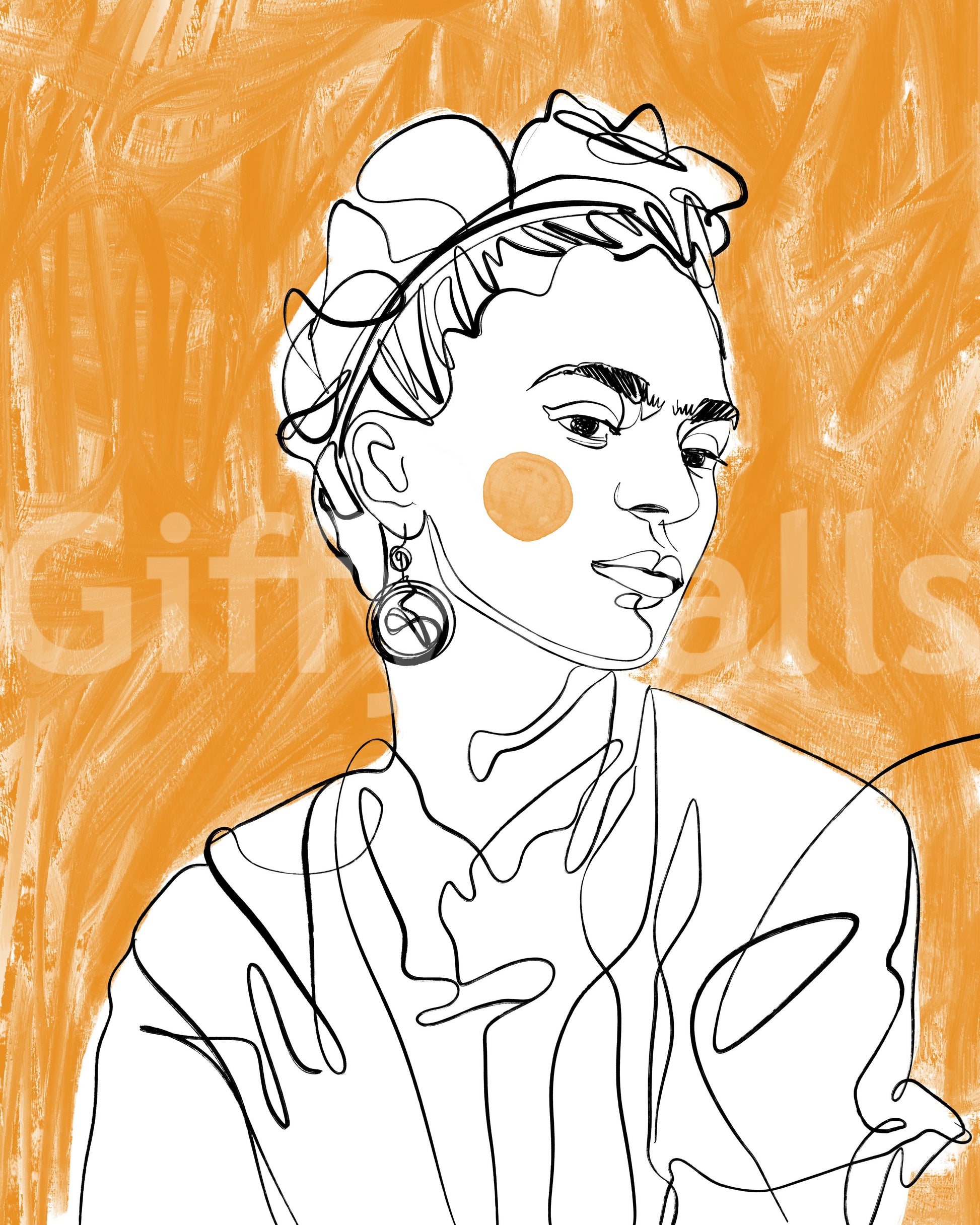 Round earring and jawline sketch on the Tangerine Muse wall mural