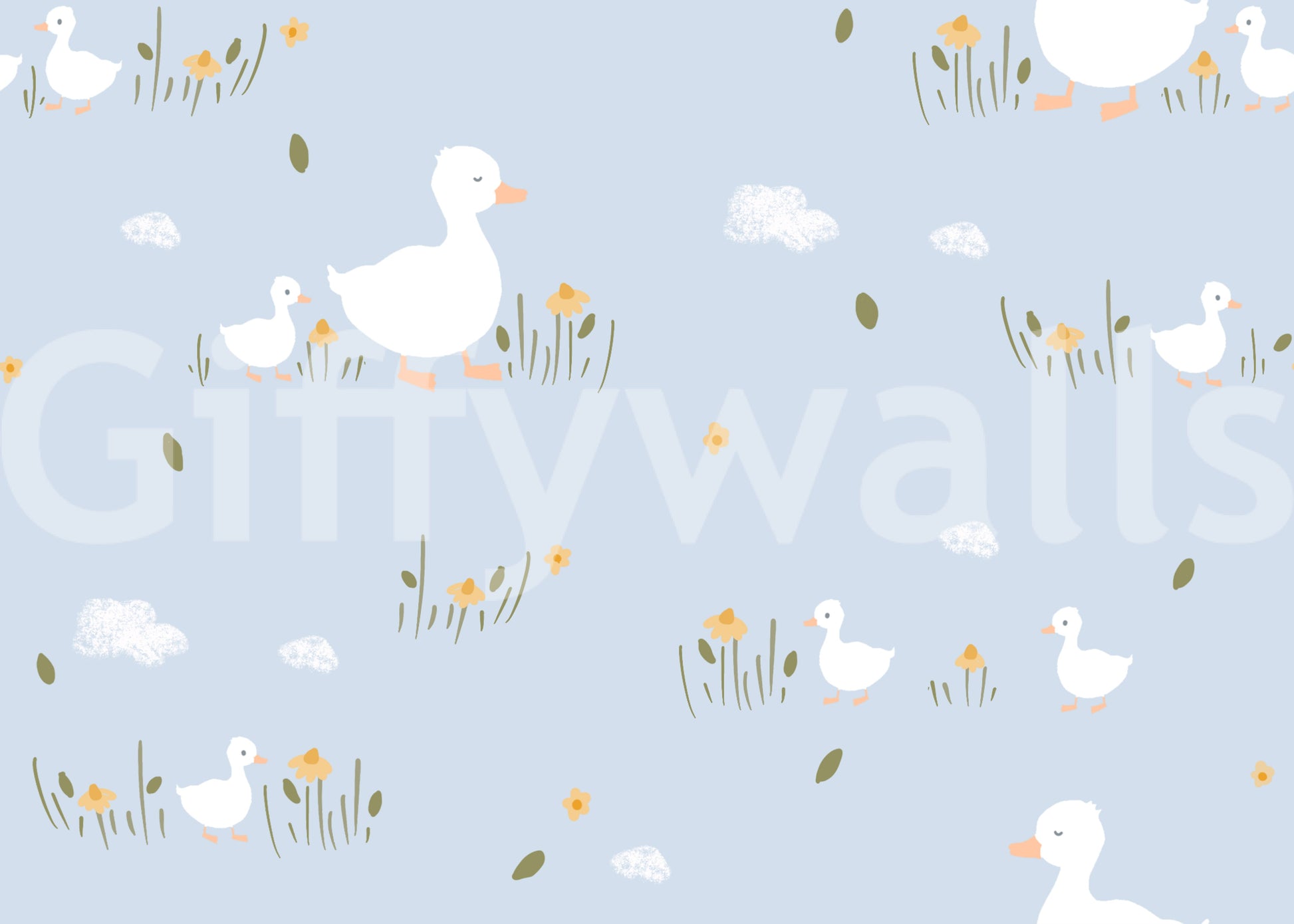 Solo ducklings nibble at flower clusters within the Baby Ducklings wallpaper repeat