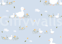 Solo ducklings nibble at flower clusters within the Baby Ducklings wallpaper repeat