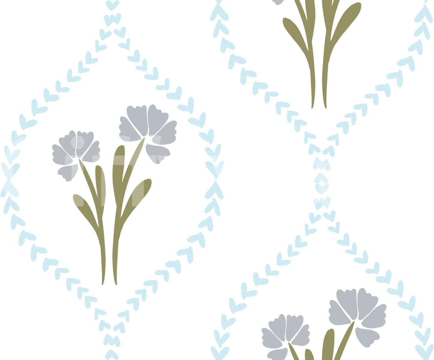 Sage leaves and grey-blue petals make up the Cornflowers wallpaper motif