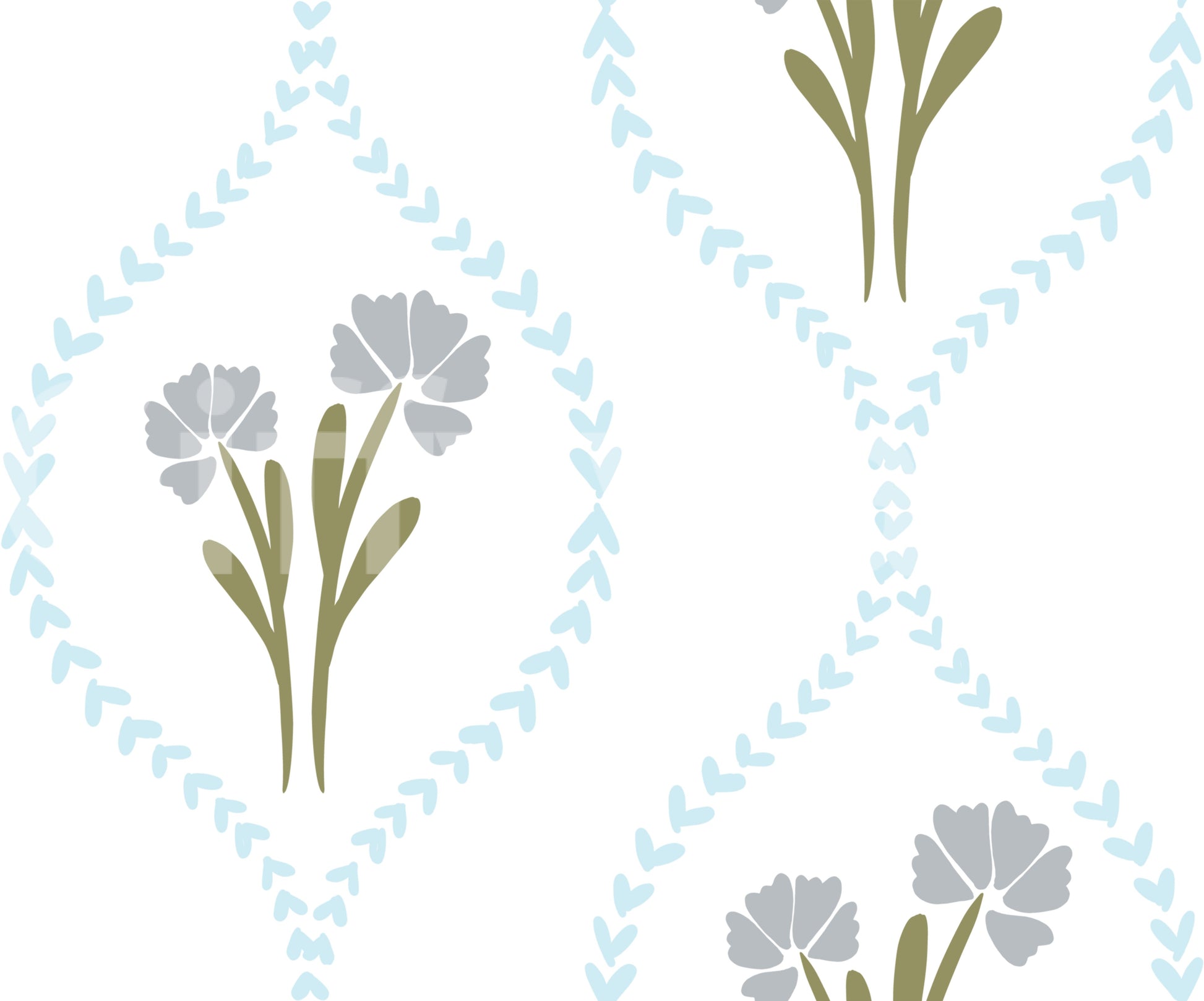 Sage leaves and grey-blue petals make up the Cornflowers wallpaper motif