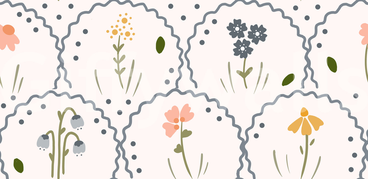 Slate blue cluster bloom enclosed by a wavy arch on Wildflowers wallpaper