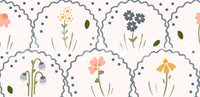 Slate blue cluster bloom enclosed by a wavy arch on Wildflowers wallpaper