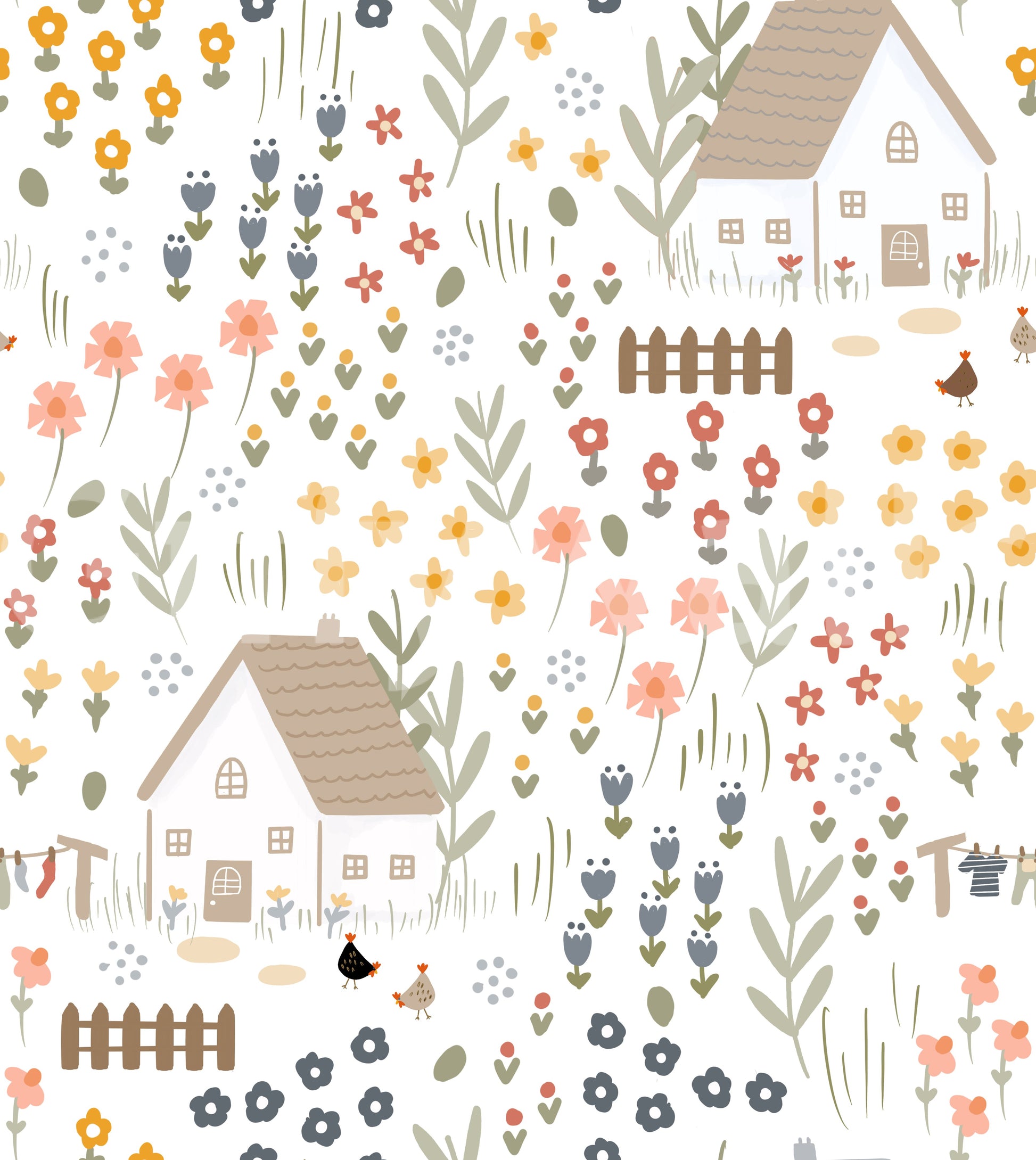 Tulips and round flowers scattered across the Country Cottage wallpaper