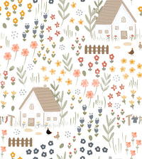 Tulips and round flowers scattered across the Country Cottage wallpaper