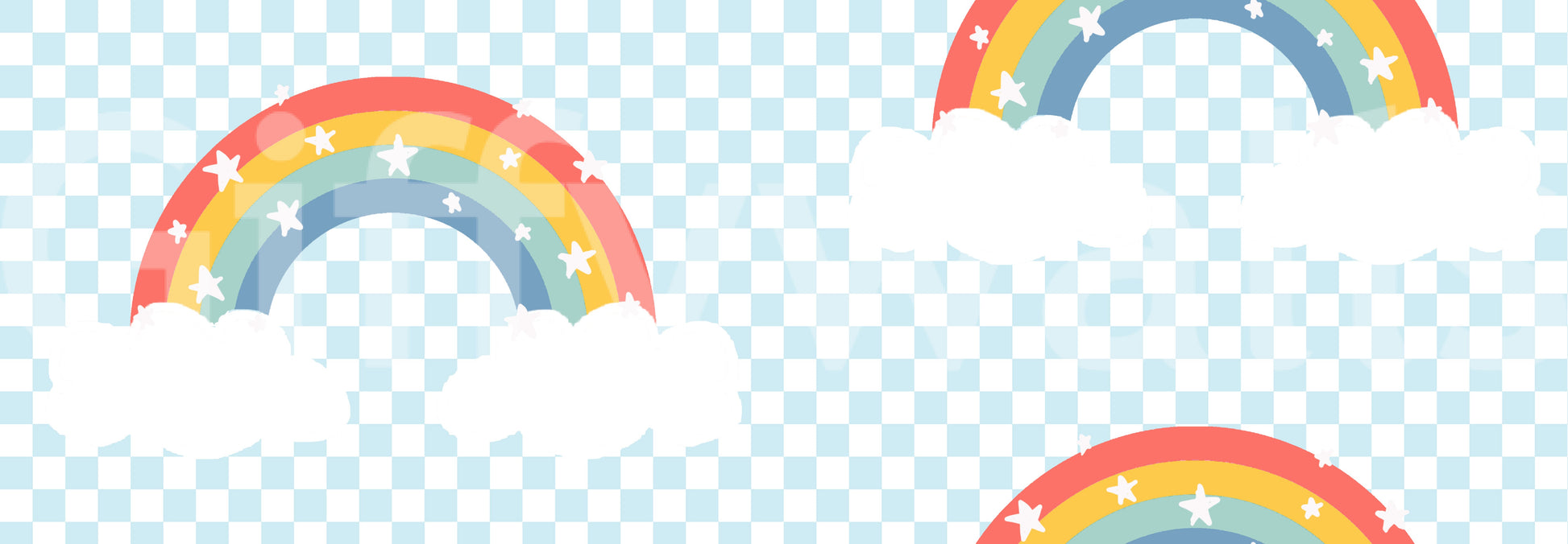 Yellow and sage stripes layer inside each rainbow on the wallpaper