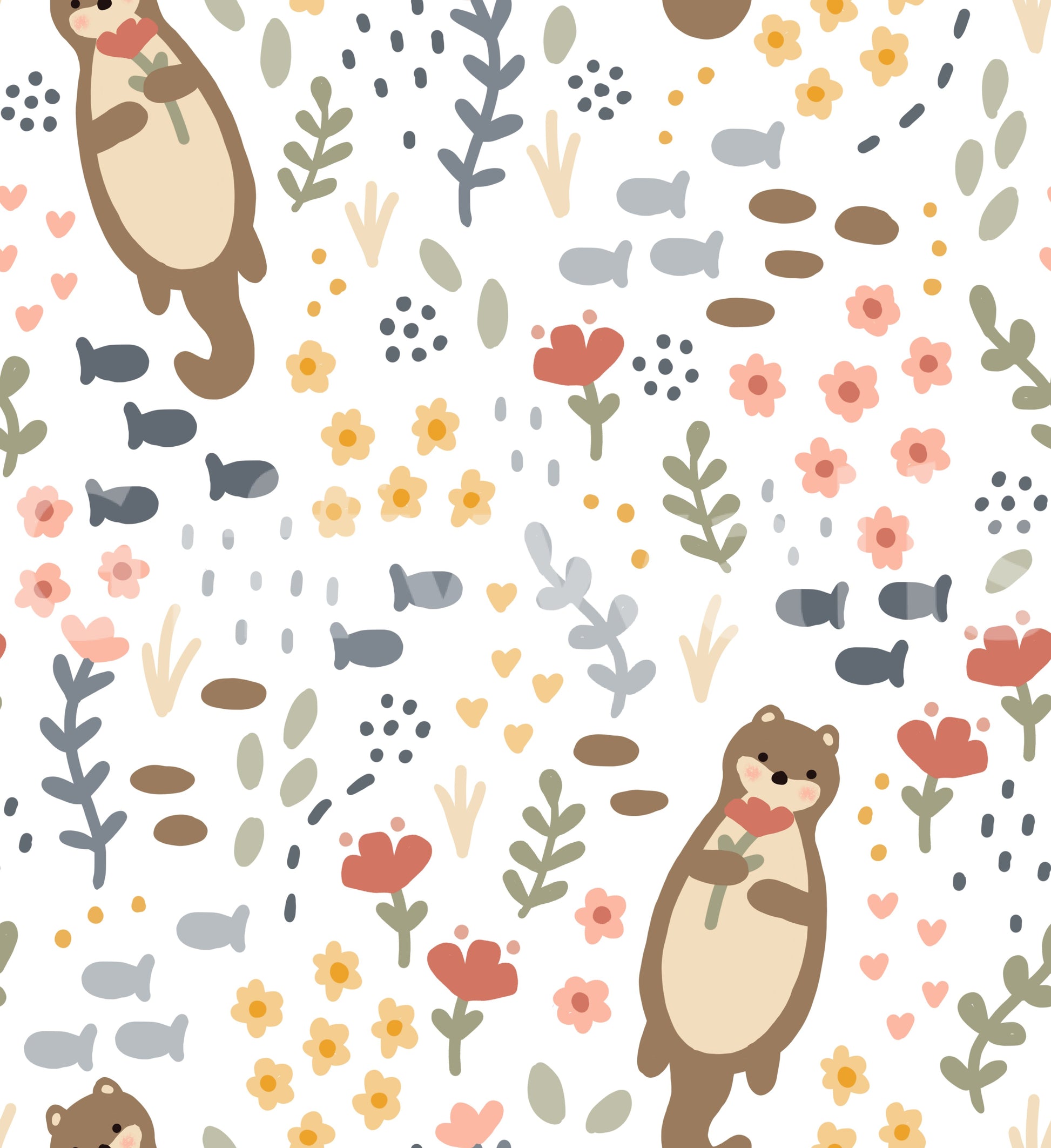 Sage sprigs and pebble motifs in the Whimsical Otters Wildflowers wallpaper