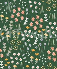 Folk meadow motifs repeat loosely over the Evergreen Floral Wallpaper ground.