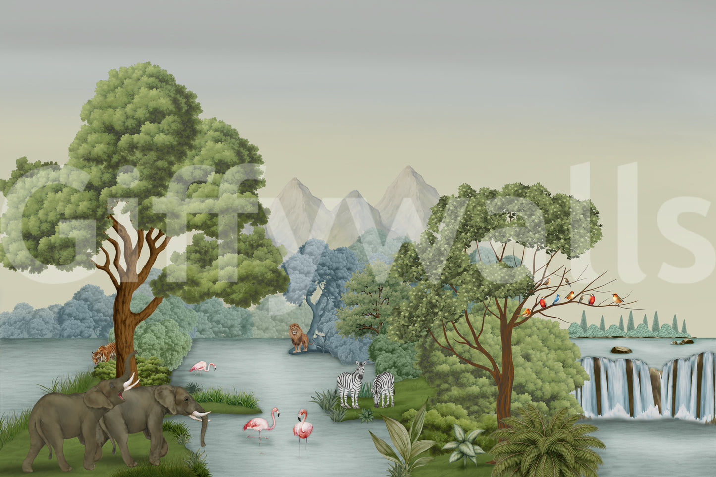 Misty mountains hold the sky behind Safari River Oasis wall mural scenery.