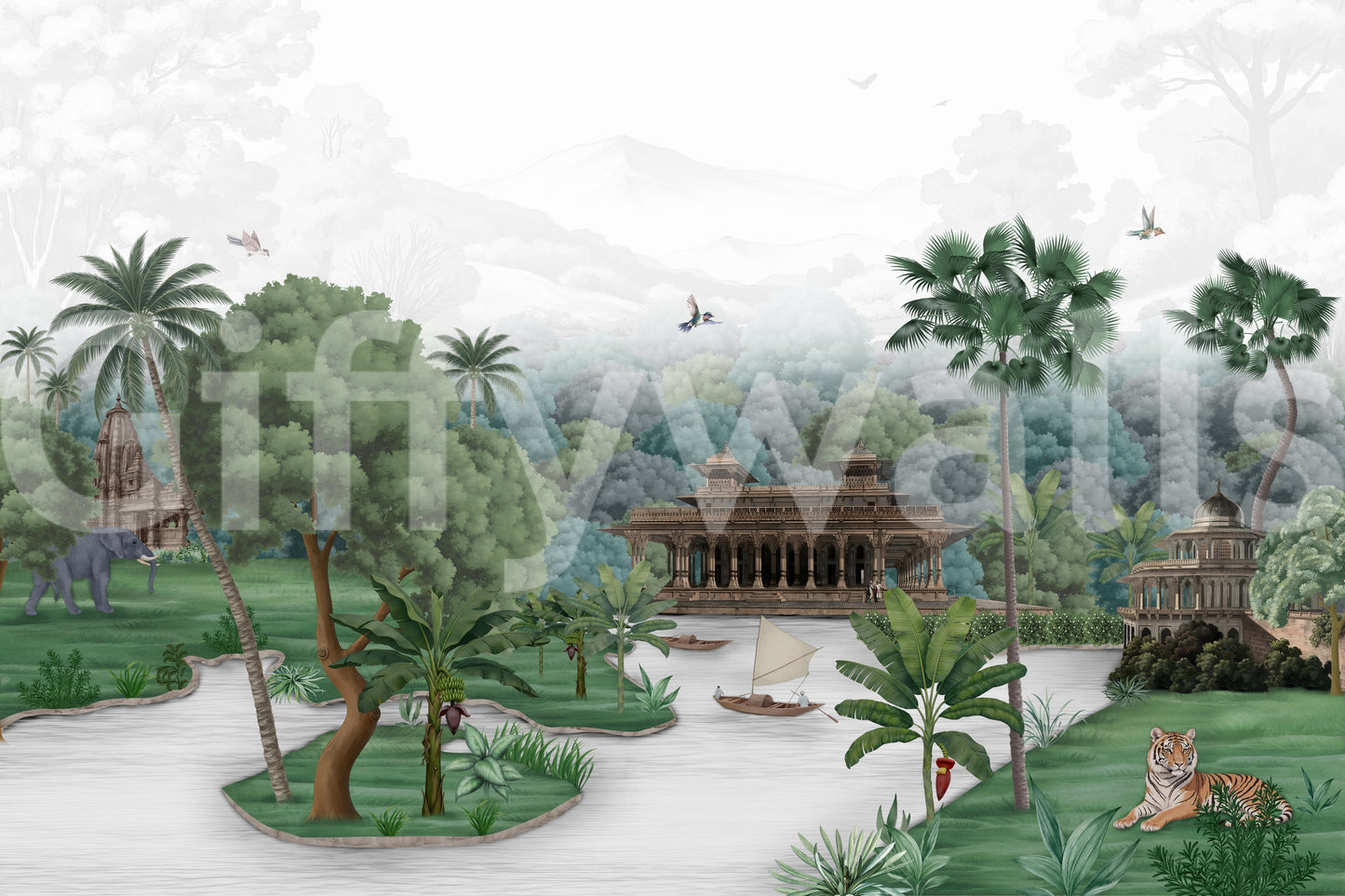 canopy Emerald Jungle Palace wall mural in gentle forest greens.
