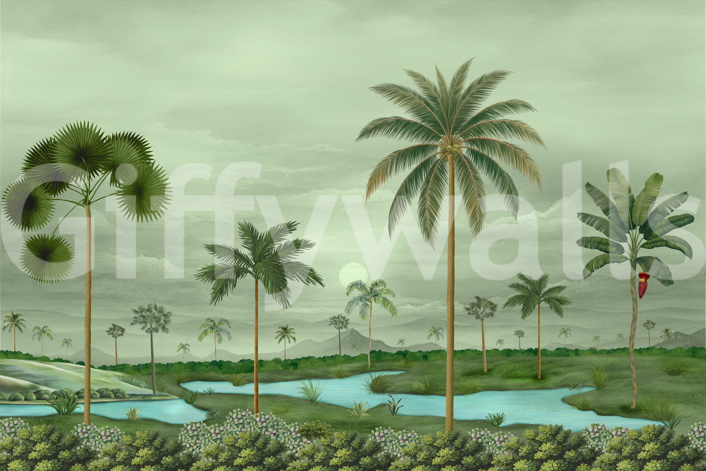 Lush River Palms mural showing soft clouds, distant hills, and riverbanks
