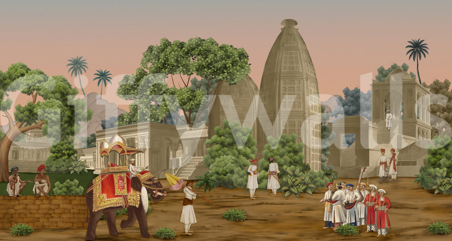 Traditional musicians and guards gather in the detailed Procession wall mural