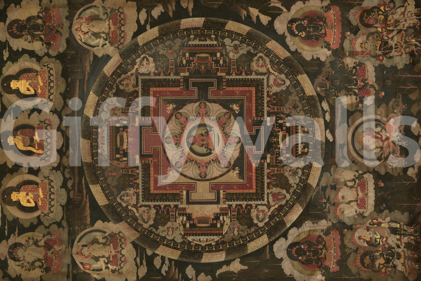 Tiny spiritual icons populate the outer of this premium Cosmic wall mural.