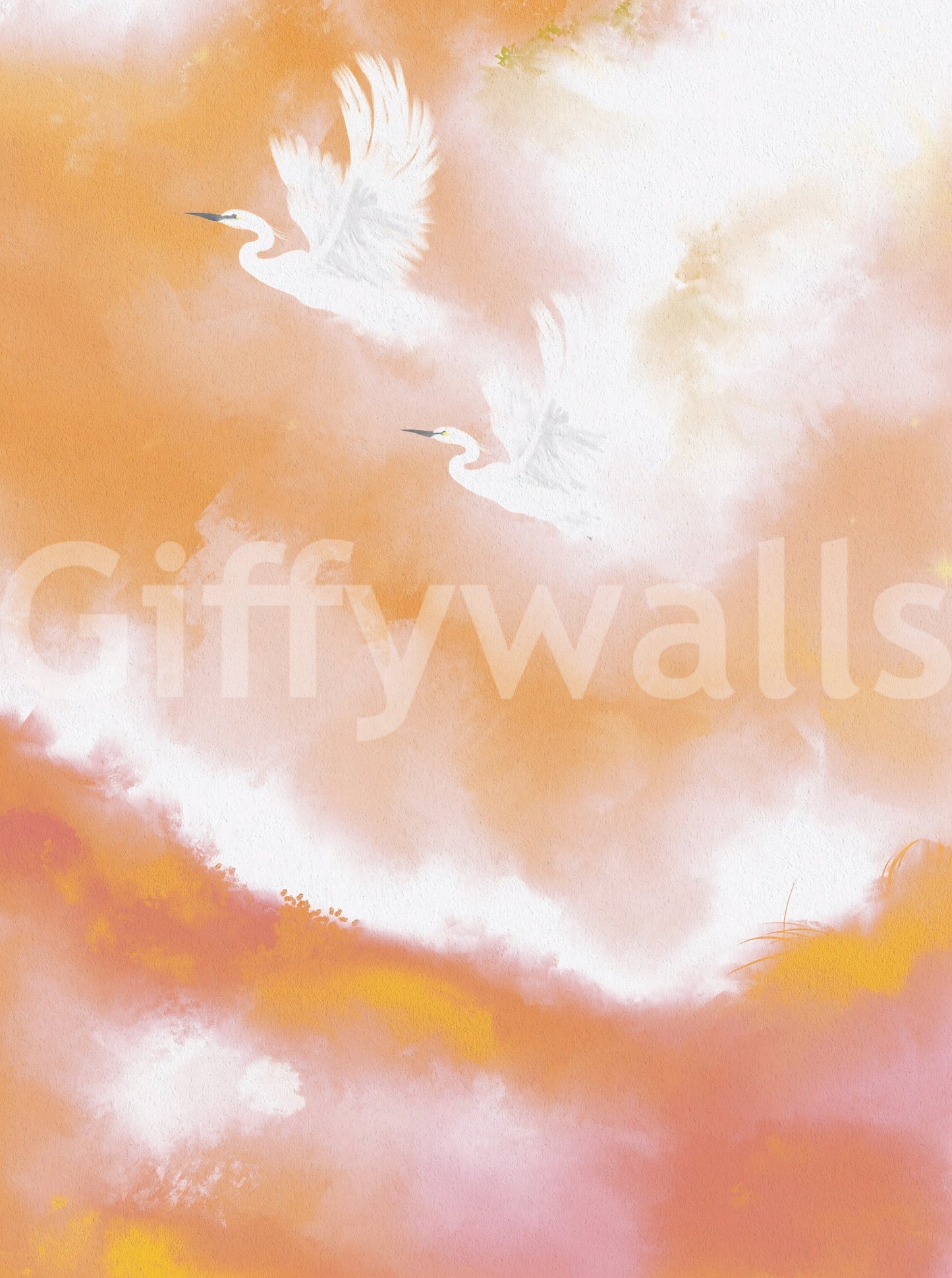 Watercolour wall mural where herons drift above pink cloud banks