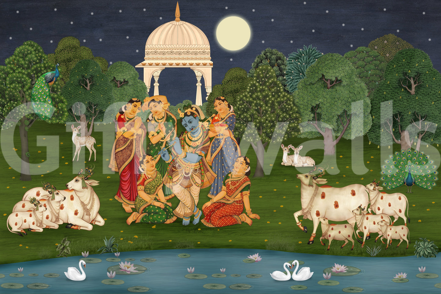 Flûte Divine : Fresque Murale Clair de Lune de Vrindavan