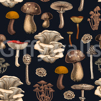 caps and dotted amanitas repeat on this graphite black mushroom wallpaper.