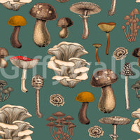 Fungi sit alongside chunky penny bun caps in the Wild Mushroom wallpaper.
