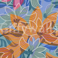 Leaves and buds filling the behind the larger blooms on the wallpaper